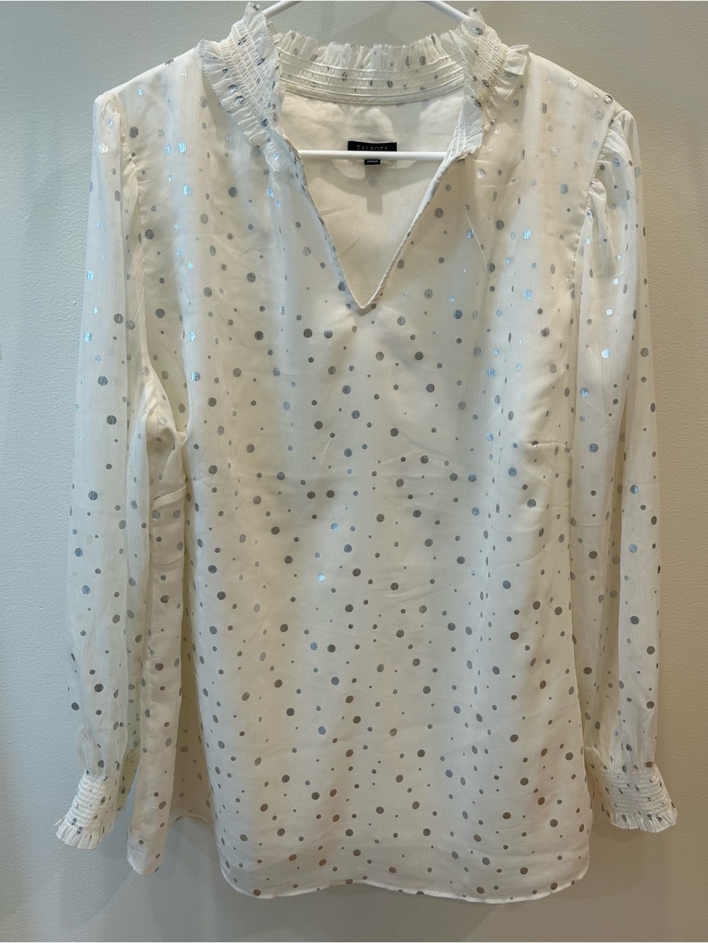 Talbots Plus White Silver Metallic Clip Dot Blouse Ruffle Smocked Top 1X